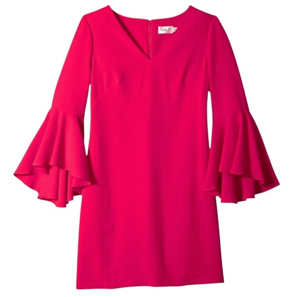 Eliza J Crepe Bell Flare Sleeve Shift Fuchsia Pink Dress V Neck Size 16W Wedding - Picture 1 of 15